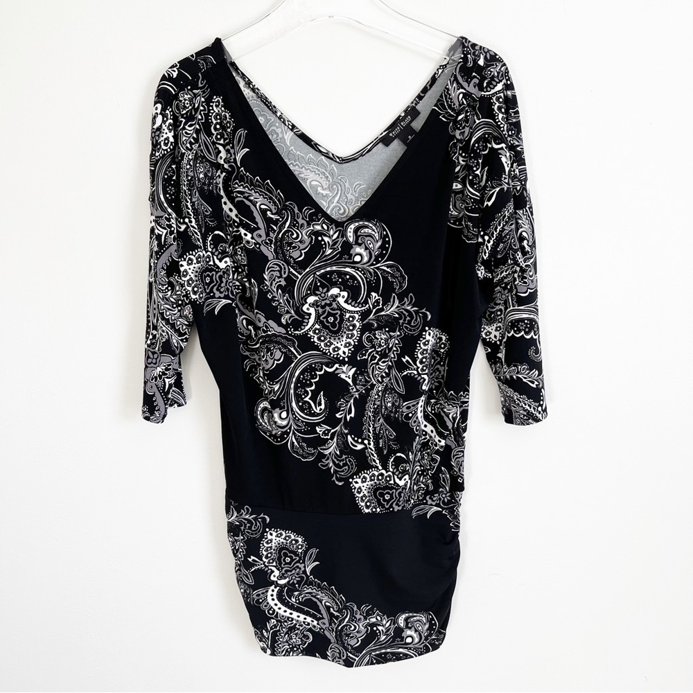 WHBM Dolman Tunic Top Mini Dress Ruched V-Neck Jersey Knit Small Paisley Floral